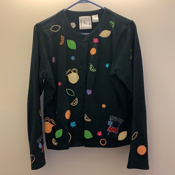 Michael Simon Lite Cardigan Women’s Small Black Fruit Lemonade Stand Sweater